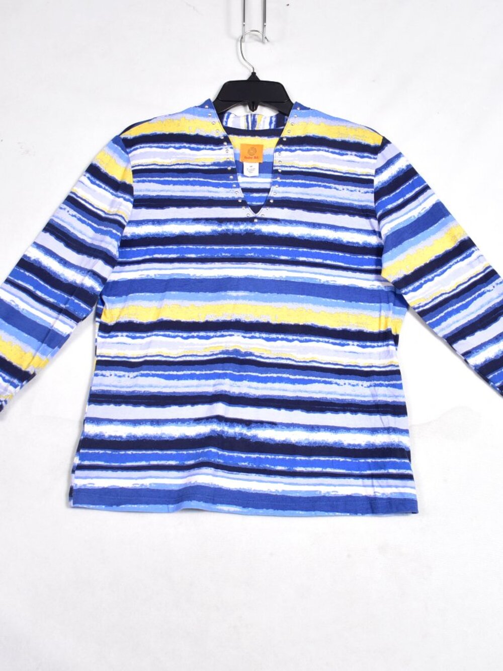 Ruby Rd. Women's Blue Yellow Stripe Blouse 3/4 Sleeve Size Medium V Neck